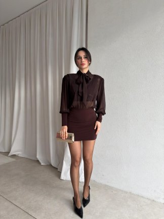  EVİL Mini Şifon Elbise 8854 - Acı Kahve - 2