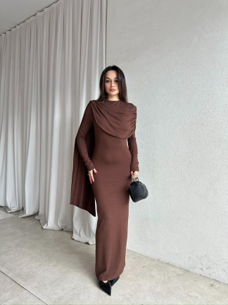 EVORİ Maxi Elbise 8714 - Acı Kahve 