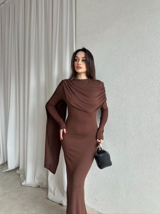 EVORİ Maxi Elbise 8714 - Acı Kahve - 3