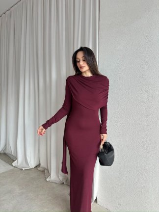 EVORİ Maxi Elbise 8714 - Bordo - 2