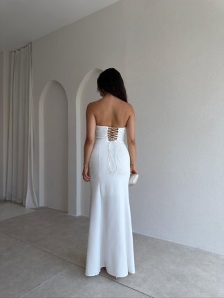 FALSE Korse Detaylı Maxi Elbise 4206 - Beyaz - 3