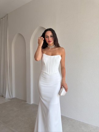 FALSE Korse Detaylı Maxi Elbise 4206 - Beyaz - 2