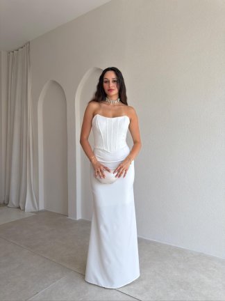 FALSE Korse Detaylı Maxi Elbise 4206 - Beyaz - 1