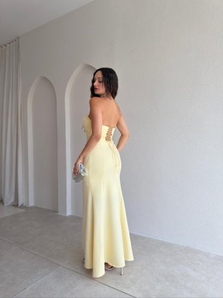 FALSE Korse Detaylı Maxi Elbise 4206 - Sarı - 3