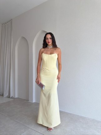 FALSE Korse Detaylı Maxi Elbise 4206 - Sarı - 2