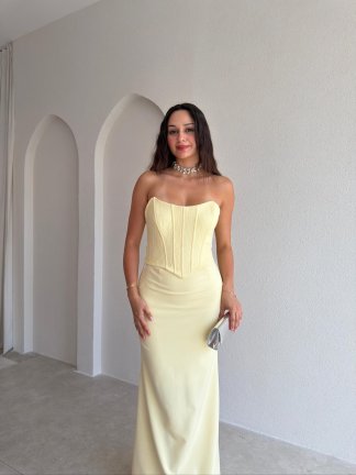 FALSE Korse Detaylı Maxi Elbise 4206 - Sarı 