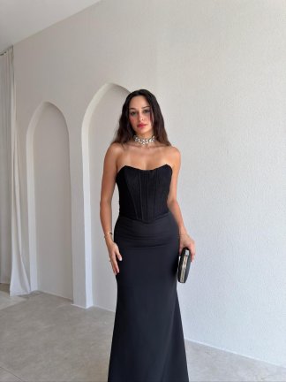 FALSE Korse Detaylı Maxi Elbise 4206 - Siyah - 2