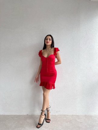 Fırfır Detaylı Korse Formlu Mini Gassendi Elbise 1592 - Kırmızı - 2