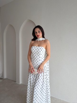 FLAMİN Şallı Puantiyeli Maxi Elbise 5484 - Beyaz - 2