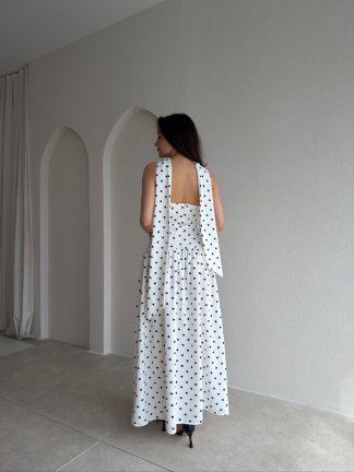 FLAMİN Şallı Puantiyeli Maxi Elbise 5484 - Beyaz - 3