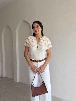FLEURA Dantel Detaylı Bluz 9436 - Krem Rengi - 2