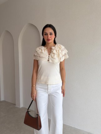 FLEURA Dantel Detaylı Bluz 9436 - Krem Rengi - 1