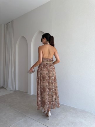 FLOWRA Kemerli Maxi Elbise 3774 - Kahverengi - 3