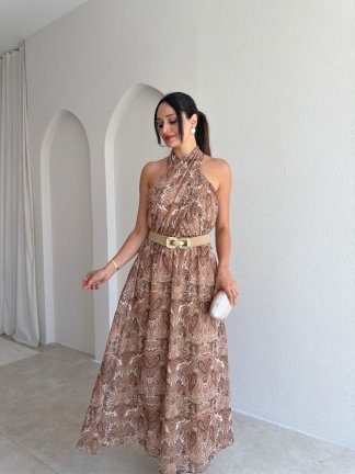 FLOWRA Kemerli Maxi Elbise 3774 - Kahverengi - 2