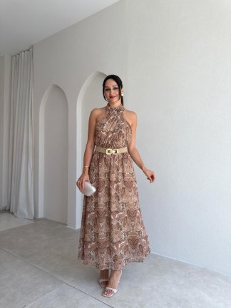 FLOWRA Kemerli Maxi Elbise 3774 - Kahverengi 