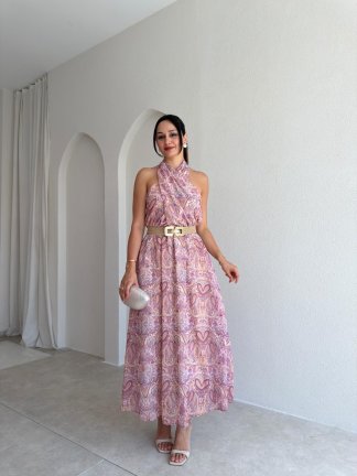 FLOWRA Kemerli Maxi Elbise 3774 - Lila - 1