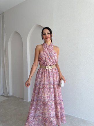 FLOWRA Kemerli Maxi Elbise 3774 - Lila - 2