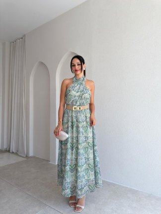 FLOWRA Kemerli Maxi Elbise 3774 - Yeşil - 2