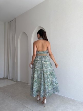 FLOWRA Kemerli Maxi Elbise 3774 - Yeşil - 3