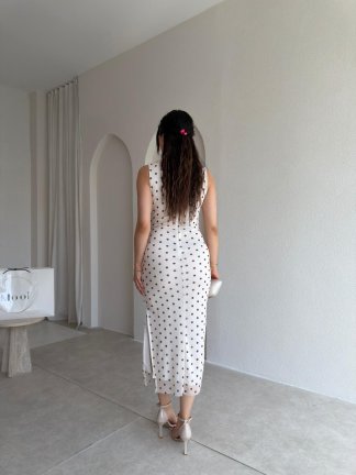 FONTANA Puantiyeli Midi Elbise 9036 - Beyaz - 3