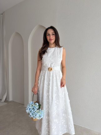 FORBES Çiçek Desenli Midi Elbise 9006 - Beyaz - 2