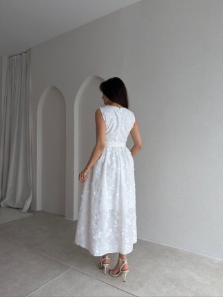 FORBES Çiçek Desenli Midi Elbise 9006 - Beyaz - 3