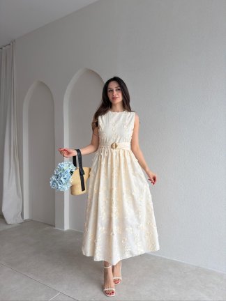 FORBES Çiçek Desenli Midi Elbise 9006 - Krem 