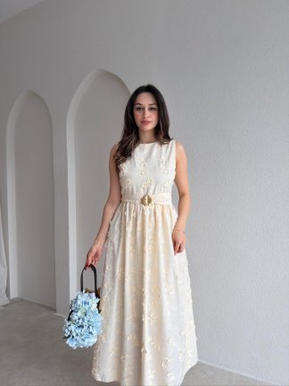 FORBES Çiçek Desenli Midi Elbise 9006 - Krem - 2