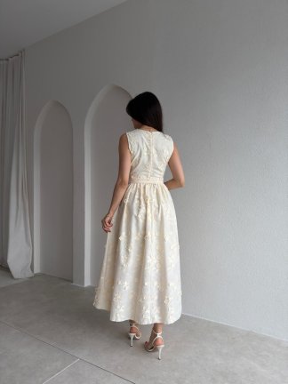 FORBES Çiçek Desenli Midi Elbise 9006 - Krem - 3