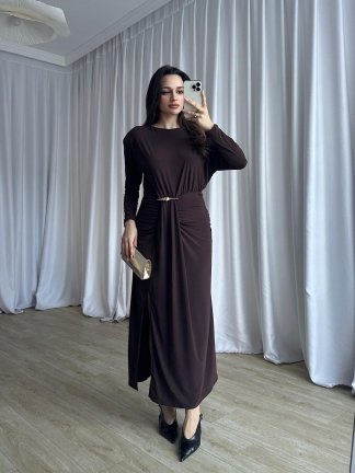 FRAPPE Midi Elbise 8711 - Acı Kahve - 1
