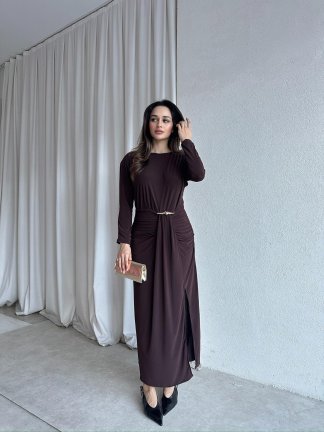 FRAPPE Midi Elbise 8711 - Acı Kahve - 3