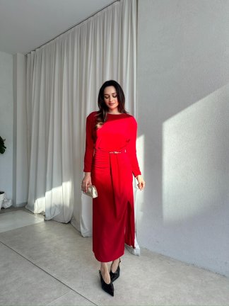 FRAPPE Midi Elbise 8711 - Kırmızı - 3