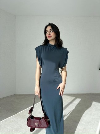 Geniş Kollu Midi RAYNER Elbise 0002 - Füme 