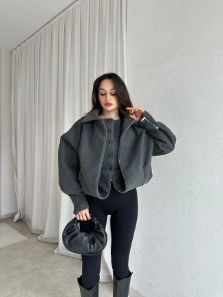 GİGİS Kaşe Crop Ceket 8698 - Füme 
