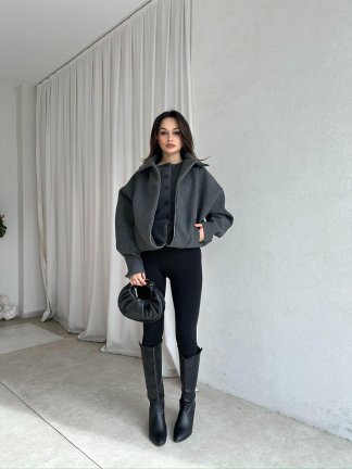 GİGİS Kaşe Crop Ceket 8698 - Füme - 3