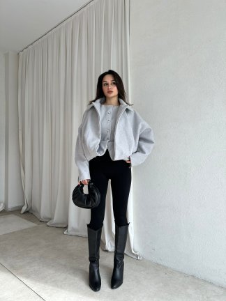 GİGİS Kaşe Crop Ceket 8698 - Gri - 2