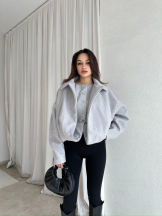 GİGİS Kaşe Crop Ceket 8698 - Gri - 2