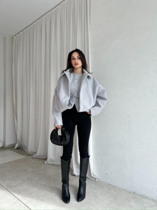 GİGİS Kaşe Crop Ceket 8698 - Gri - 5