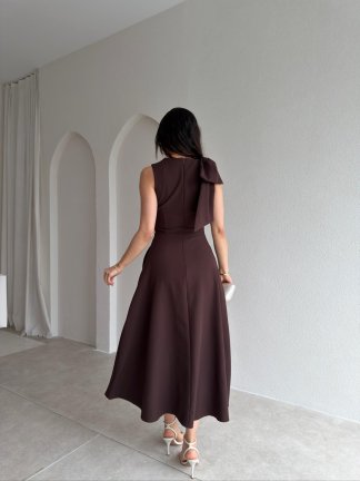 GİNA Kurdele Detaylı Midi Elbise 4390 - Acı Kahve - 3