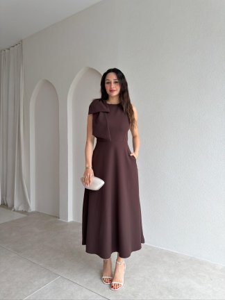 GİNA Kurdele Detaylı Midi Elbise 4390 - Acı Kahve 
