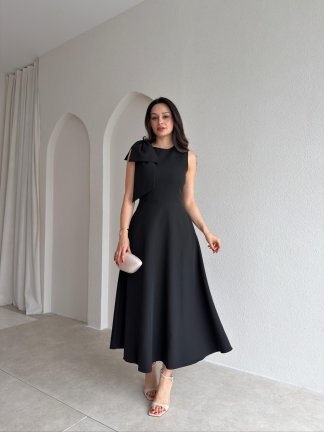 GİNA Kurdele Detaylı Midi Elbise 4390 - Siyah 