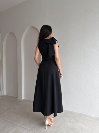GİNA Kurdele Detaylı Midi Elbise 4390 - Siyah - 3
