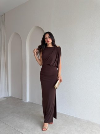 GLARE Maxi Elbise 3740 - Acı Kahve 
