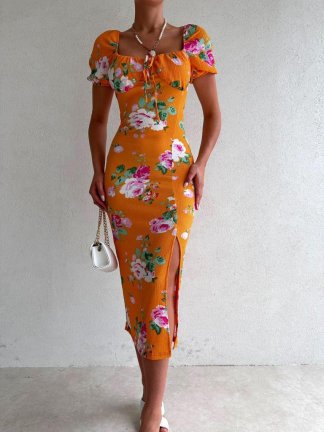 Göğüs Detaylı Midi PROTON Elbise 4411 - Turuncu - 1