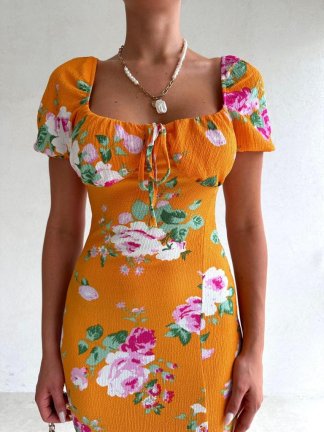 Göğüs Detaylı Midi PROTON Elbise 4411 - Turuncu - 3