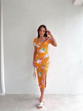 Göğüs Detaylı Midi PROTON Elbise 4411 - Turuncu - 2