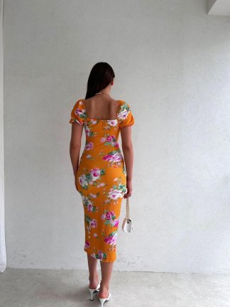 Göğüs Detaylı Midi PROTON Elbise 4411 - Turuncu - 4