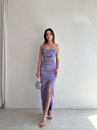  Vencover Saten Elbise 5682 - Lila - 2