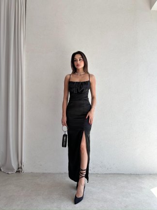  Vencover Saten Elbise 5682 - Siyah - 2