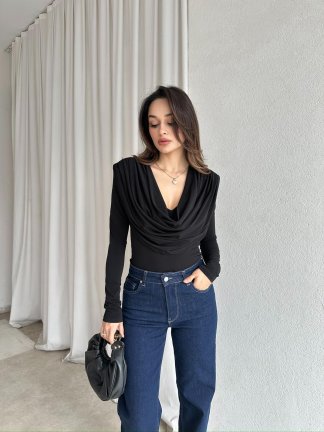 GOSSİP Dökümlü Bluz 8326 - Siyah 